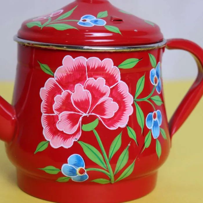 Kashmiri Enamel Red Tea Pot in Bold Multicolor Pattern - Image 2