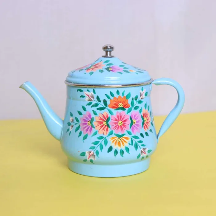 Cyan Hand-Painted Kashmiri Enamel Tea Pot with Floral Design