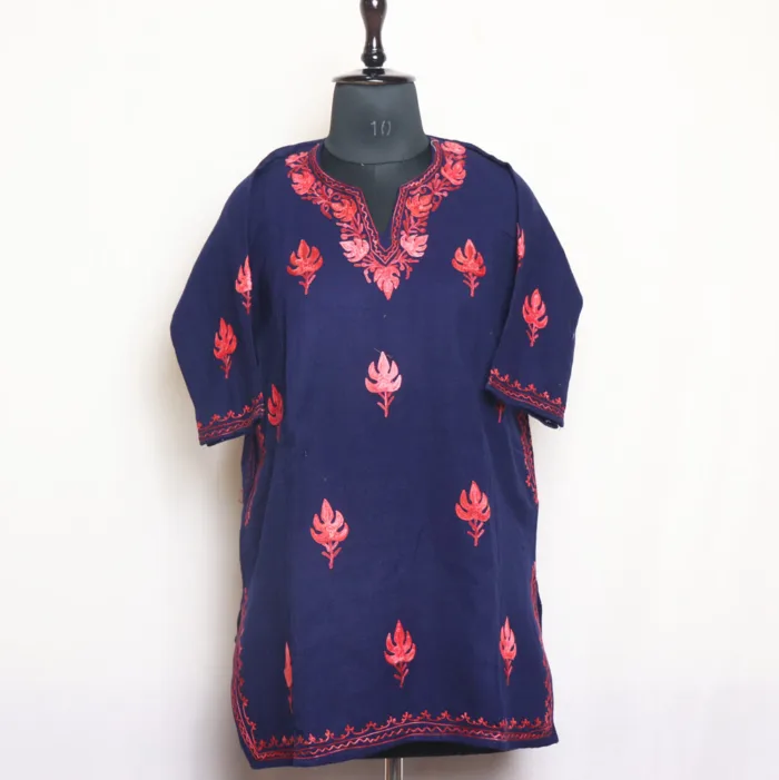 Navy Blue Girls Cashmilon Pheran With Elegant Aari Work - Meesha Collection (8/9y)