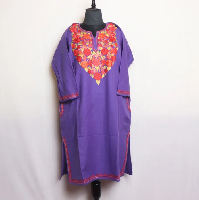 Violet Aari Embroidered Cashmilon Pheran for Women - Gupkar Collection - Image 2