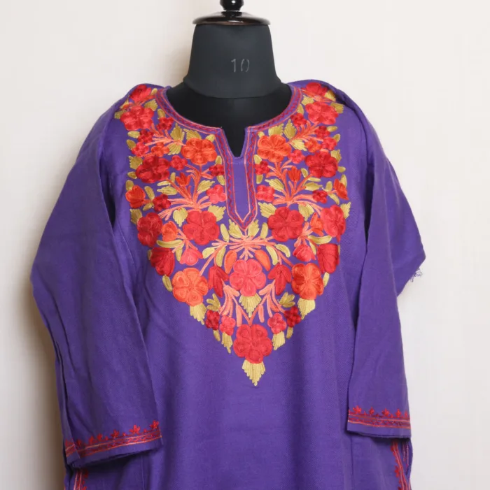 Violet Aari Embroidered Cashmilon Pheran for Women - Gupkar Collection