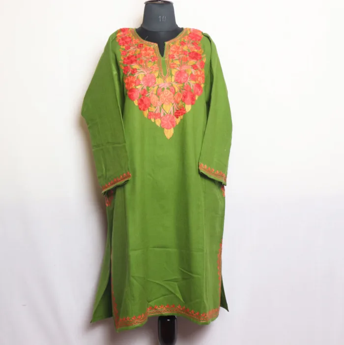 Green Cashmilon Pheran with Artistic Aari Work - Gupkar Collection - Image 2