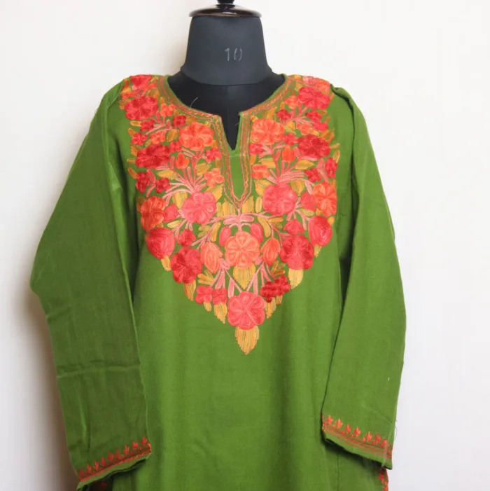 Green Cashmilon Pheran with Artistic Aari Work - Gupkar Collection