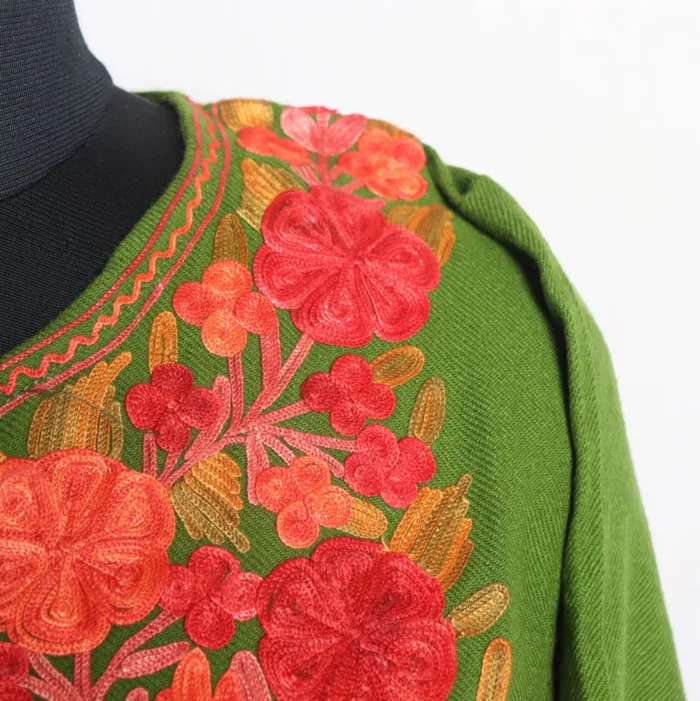 Green Cashmilon Pheran with Artistic Aari Work - Gupkar Collection - Image 3