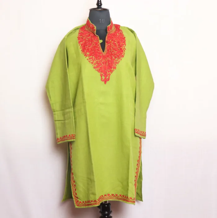 Elegant Parrot Green Cashmilon Long Kurta with Aari Embroidery | Gul-e-Hawal Collection - Image 2