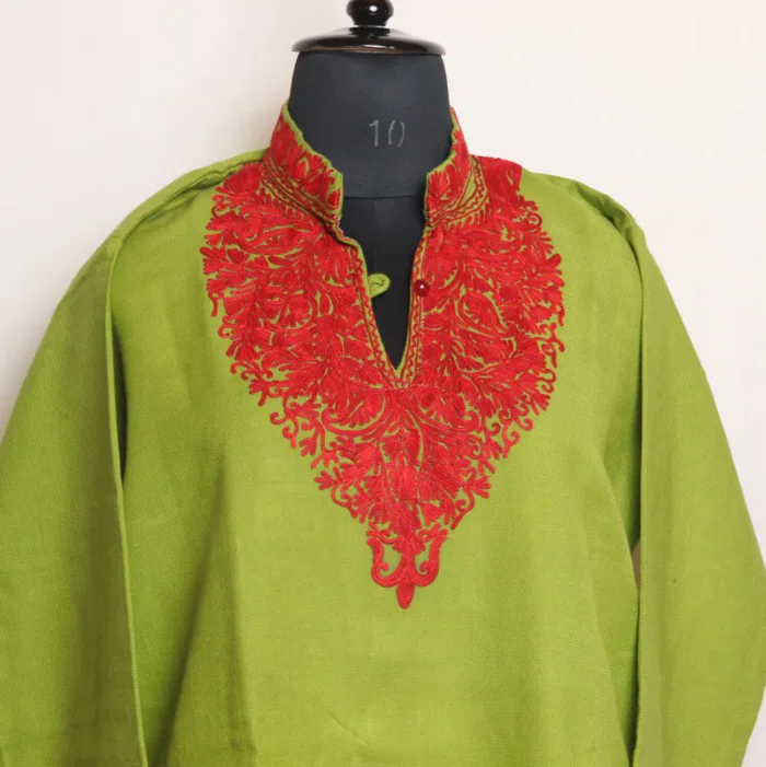 Elegant Parrot Green Cashmilon Long Kurta with Aari Embroidery | Gul-e-Hawal Collection