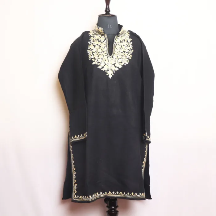 Classic Black Cashmilon Long Kurta Showcasing Exquisite Aari Work | Gul-e-Hawal Collection - Image 2