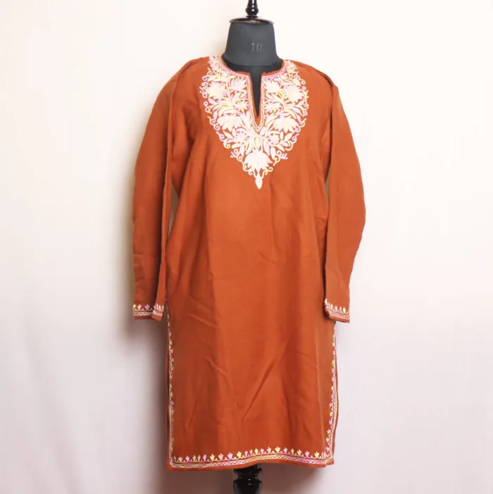 Chocolate Cashmilon Long Kurta with Intricate Aari Patterns | Gul-e-Hawal Collection - Image 2