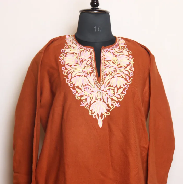 Chocolate Cashmilon Long Kurta with Intricate Aari Patterns | Gul-e-Hawal Collection