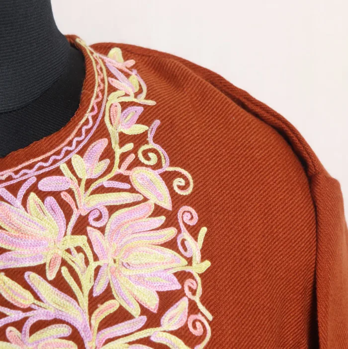 Chocolate Cashmilon Long Kurta with Intricate Aari Patterns | Gul-e-Hawal Collection - Image 3