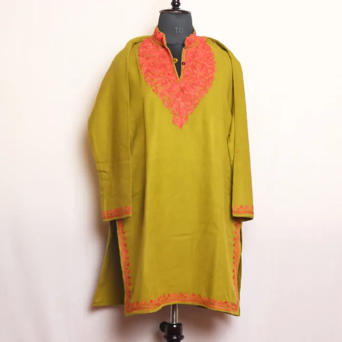 Mehndi Green Cashmilon Long Kurta with Timeless Aari Designs | Gul-e-Hawal Collection - Image 2