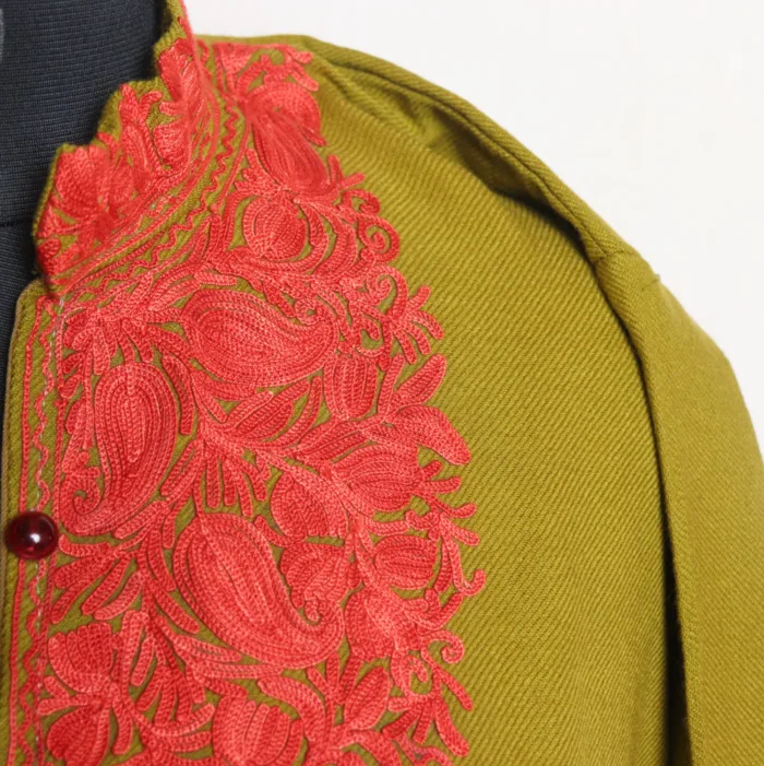 Mehndi Green Cashmilon Long Kurta with Timeless Aari Designs | Gul-e-Hawal Collection - Image 3