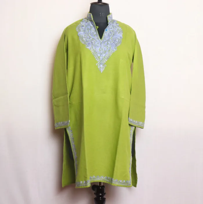 Graceful Parrot Green Cashmilon Long Kurta with Artistic Aari Work | Gul-e-Hawal Collection - Image 2