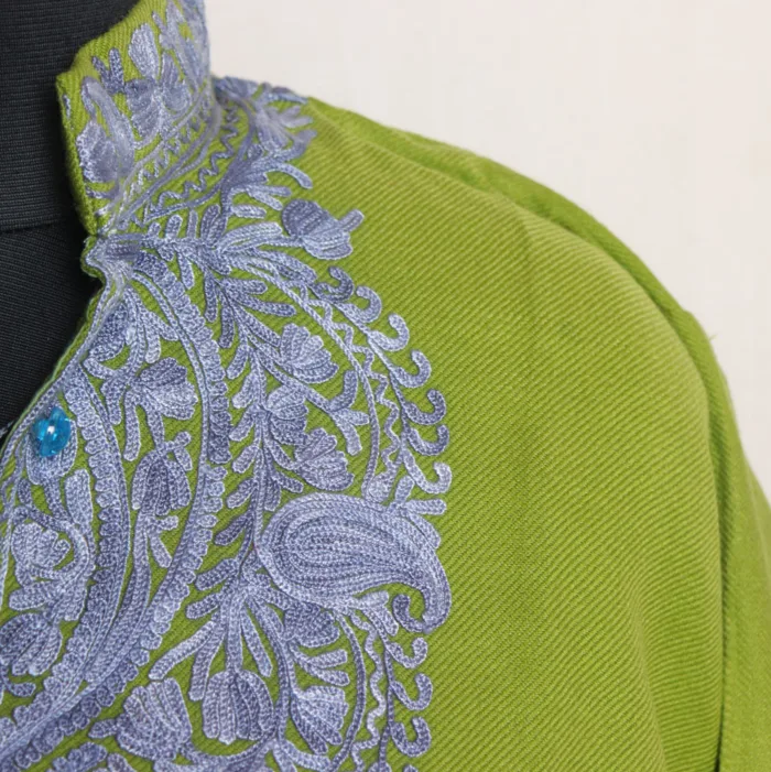 Graceful Parrot Green Cashmilon Long Kurta with Artistic Aari Work | Gul-e-Hawal Collection - Image 3