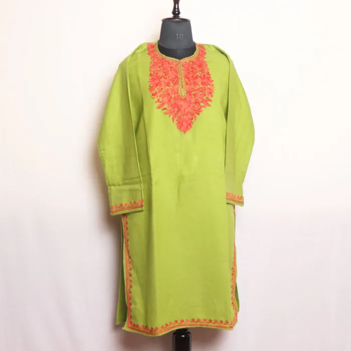 Stunning Parrot Green Cashmilon Long Kurta with Refined Aari Details | Gul-e-Hawal Collection - Image 2