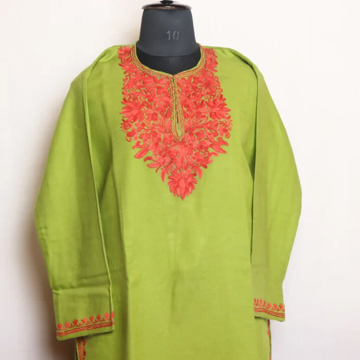 Stunning Parrot Green Cashmilon Long Kurta with Refined Aari Details | Gul-e-Hawal Collection