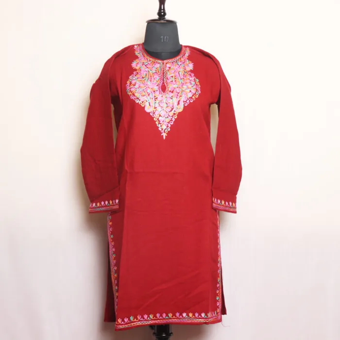 Sophisticated Maroon Cashmilon Long Kurta with Elegant Aari Embroidery | Gul-e-Hawal Collection - Image 2