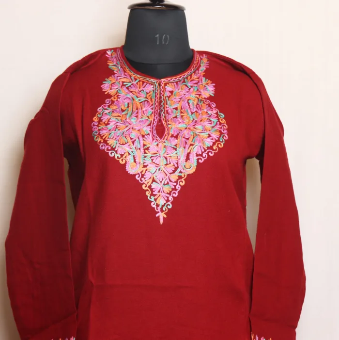 Sophisticated Maroon Cashmilon Long Kurta with Elegant Aari Embroidery | Gul-e-Hawal Collection