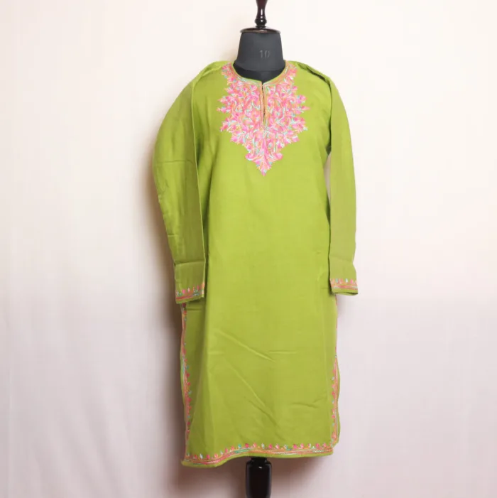 Parrot Green Cashmilon Long Kurta - Delicate Aari Work | Gul-e-Hawal Collection - Image 2