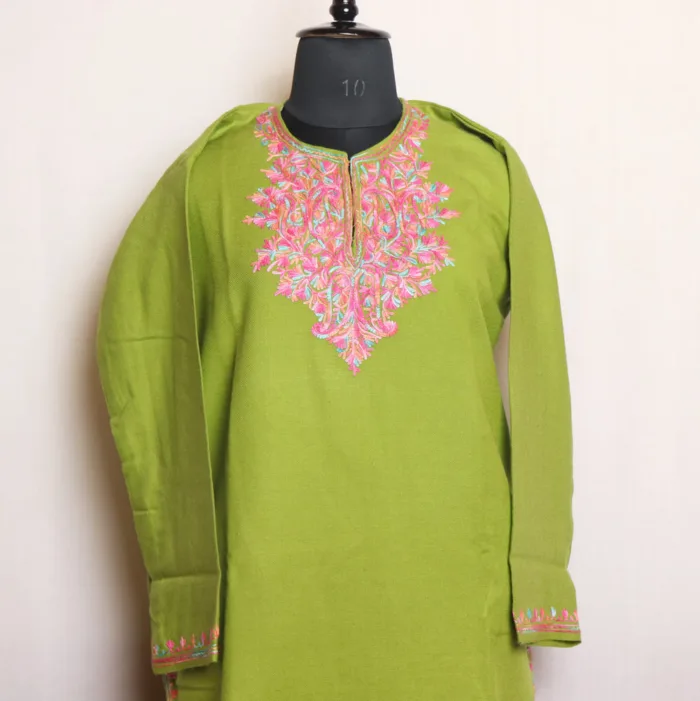 Parrot Green Cashmilon Long Kurta - Delicate Aari Work | Gul-e-Hawal Collection