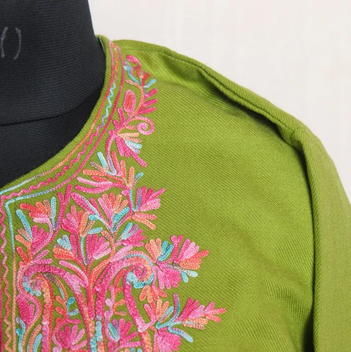 Parrot Green Cashmilon Long Kurta - Delicate Aari Work | Gul-e-Hawal Collection - Image 3