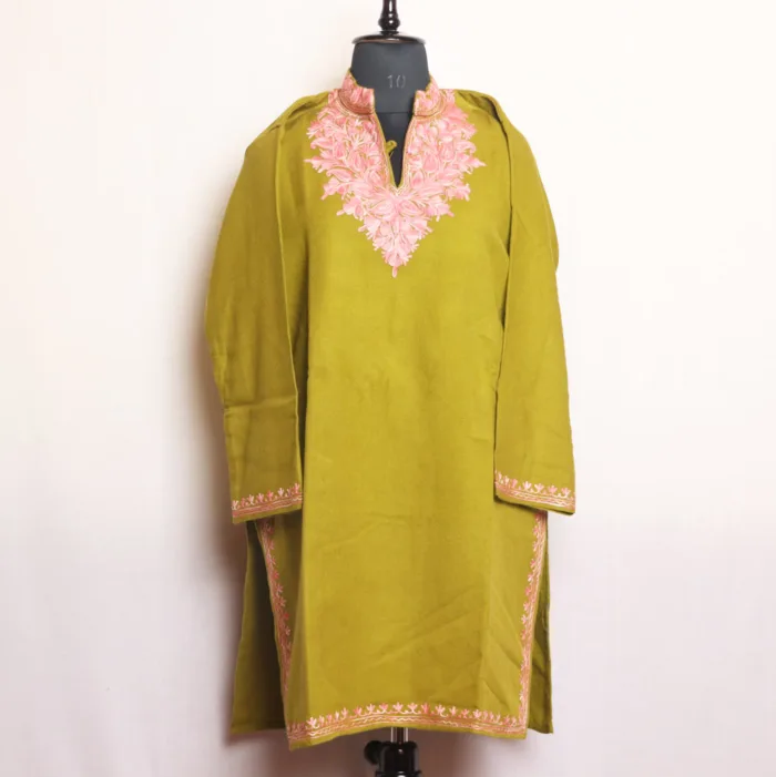 Warm Mehndi Green Cashmilon Long Kurta with Elegent Aari Embroidery | Gul-e-Hawal Collection - Image 2