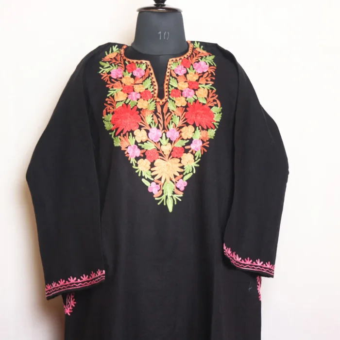 Black Cashmilon Pheran with Elegant Aari Embroidery - Dalgate Collection