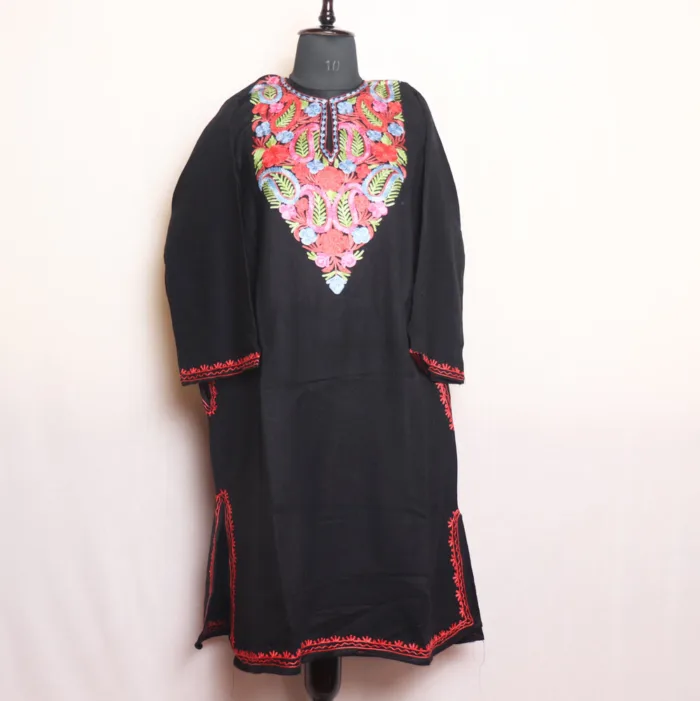 Soft Black Aari Embroidered Cashmilon Pheran - Dalgate Collection - Image 2