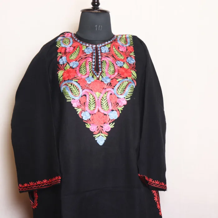 Soft Black Aari Embroidered Cashmilon Pheran - Dalgate Collection