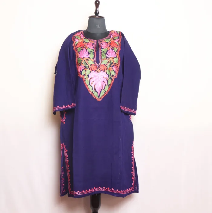 Navy Blue Cashmilon Pheran with Artistic Aari Work - Dalgate Collection - Image 2