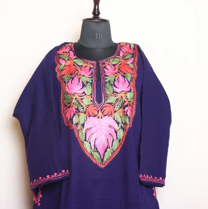 Navy Blue Cashmilon Pheran with Artistic Aari Work - Dalgate Collection