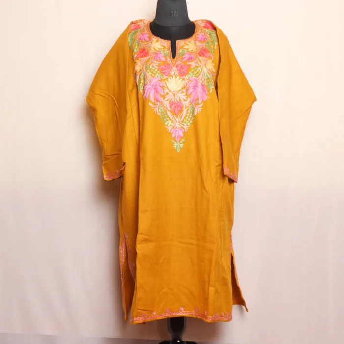 Mustard Aari Embroidered Pheran in Cashmilon - Dalgate Collection - Image 2