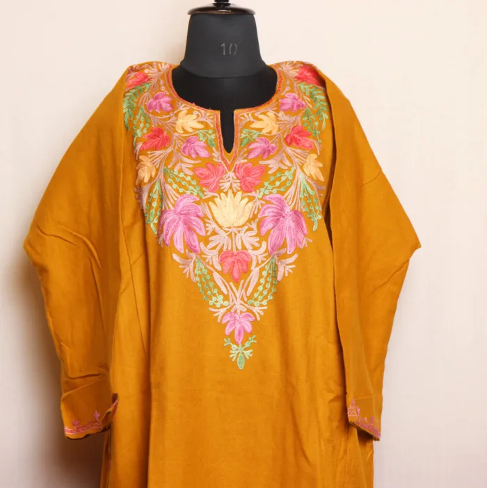 Mustard Aari Embroidered Pheran in Cashmilon - Dalgate Collection