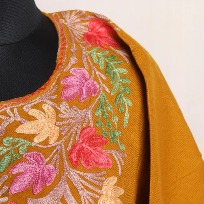 Mustard Aari Embroidered Pheran in Cashmilon - Dalgate Collection - Image 3