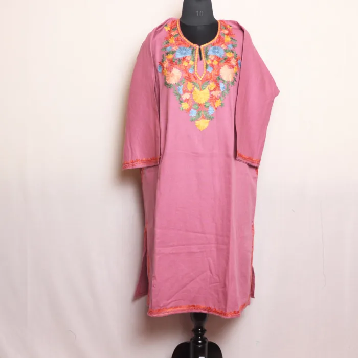 Elegant Pink Cashmilon Pheran with Aari Detailing - Dalgate Collection - Image 2