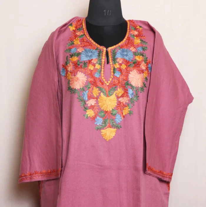 Elegant Pink Cashmilon Pheran with Aari Detailing - Dalgate Collection