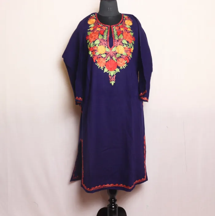 Navy Blue Aari Embroidered Pheran in Cashmilon - Dalgate Collection - Image 2