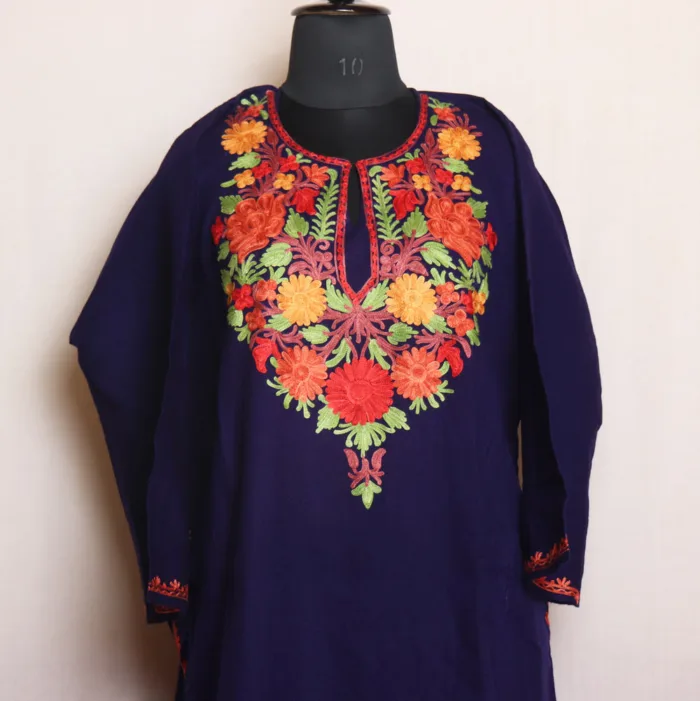 Navy Blue Aari Embroidered Pheran in Cashmilon - Dalgate Collection