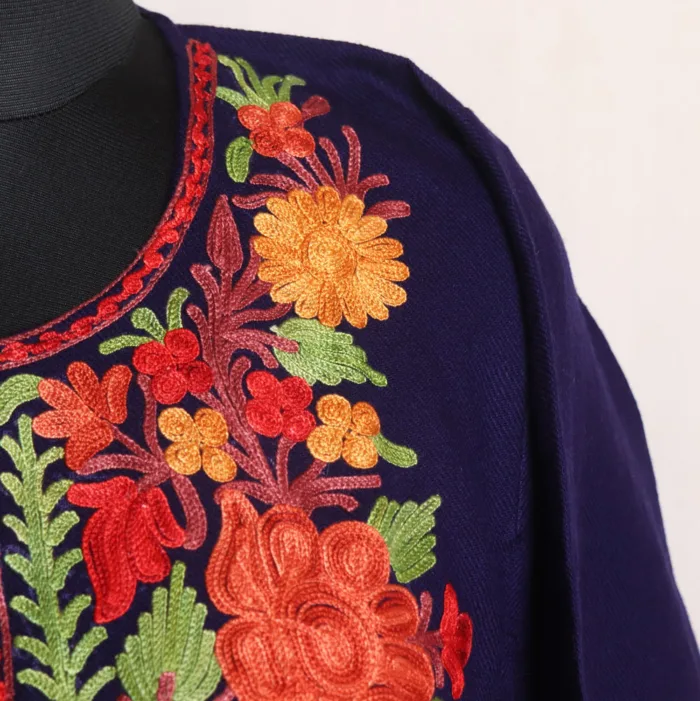 Navy Blue Aari Embroidered Pheran in Cashmilon - Dalgate Collection - Image 3