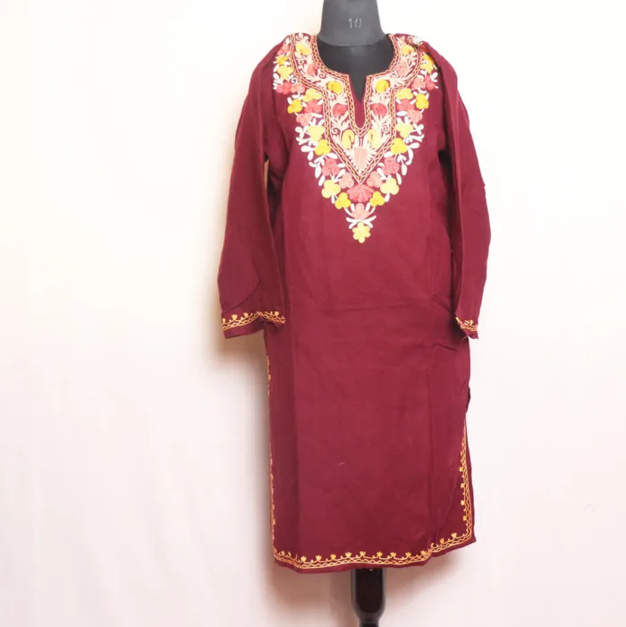 Rich Maroon Cashmilon Kurta with Graceful Aari Embroidery - Mehak Collection - Image 2