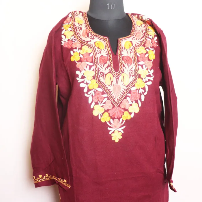 Rich Maroon Cashmilon Kurta with Graceful Aari Embroidery - Mehak Collection