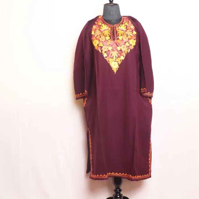 Wine Cashmilon Pheran with Beautiful Aari Detailing - Mehak Collection - Image 2