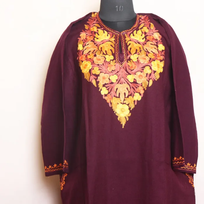 Wine Cashmilon Pheran with Beautiful Aari Detailing - Mehak Collection