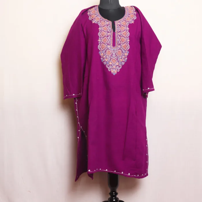 Classic Purple Cashmilon Pheran with Zari and Needle Work - Omera Collection - Image 2