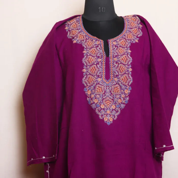 Classic Purple Cashmilon Pheran with Zari and Needle Work - Omera Collection