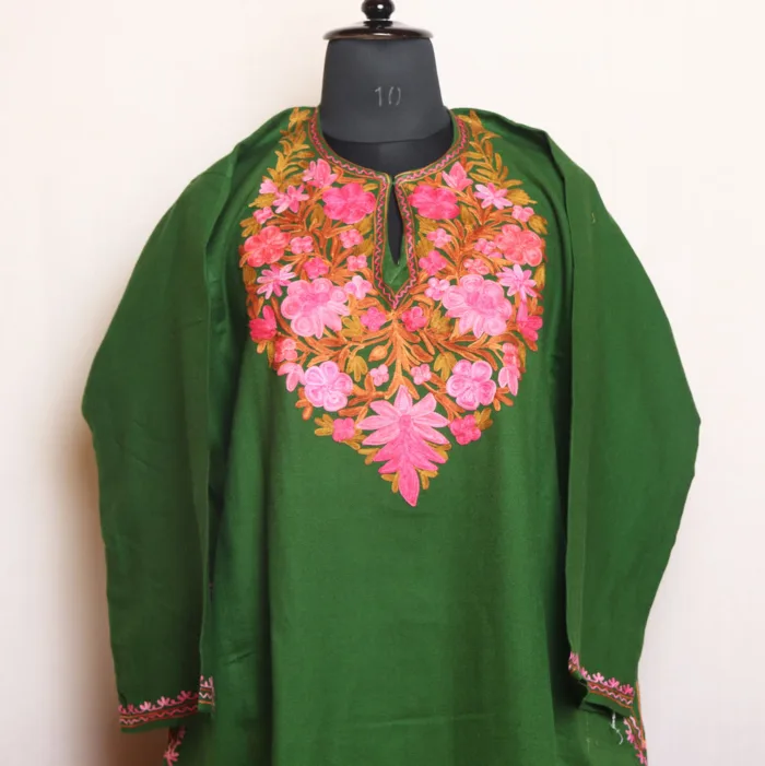 Classic Forest Green Cashmilon Pheran with Refined Aari Embroidery - Munawarabad Collection