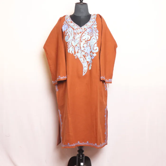 Mustard Cashmilon Pheran with Elegant Aari Designs - Munawarabad Collection - Image 2