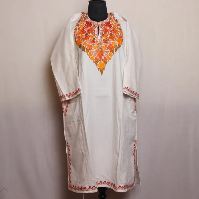 White Cashmilon Pheran with Adorable Aari Work - Munawarabad Collection - Image 2