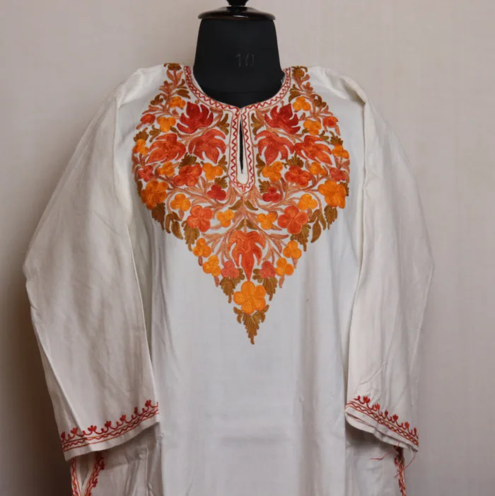 White Cashmilon Pheran with Adorable Aari Work - Munawarabad Collection