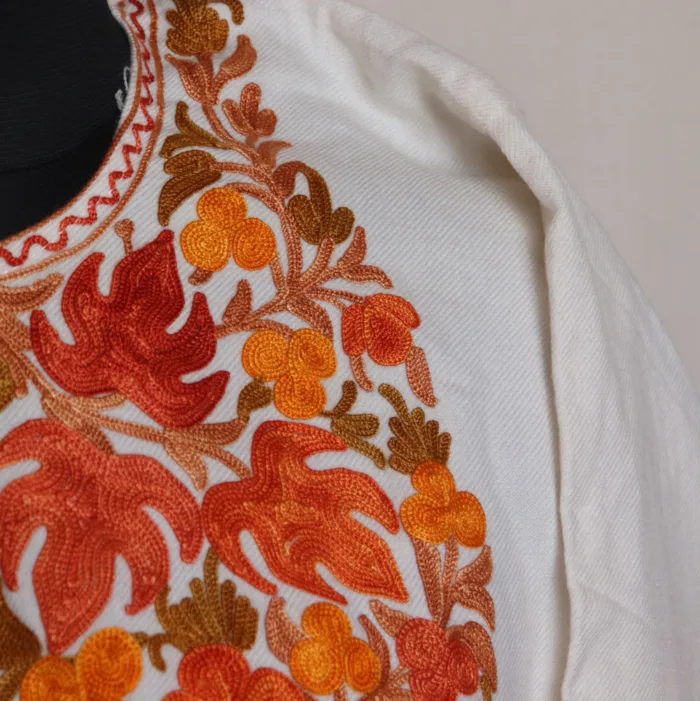 White Cashmilon Pheran with Adorable Aari Work - Munawarabad Collection - Image 3